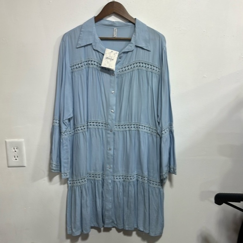 Raviya light blue button up flare long sleeve eyelet collard rayon dress 1x